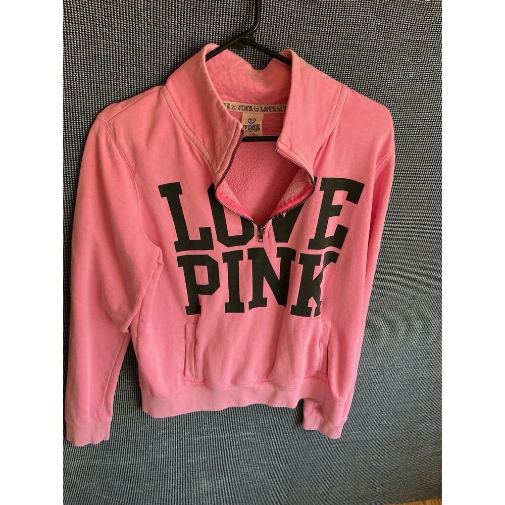 Victorias Secret PINK L Pullover 86 1/4 Zip Pink Pockets LOVE Pink Y2K